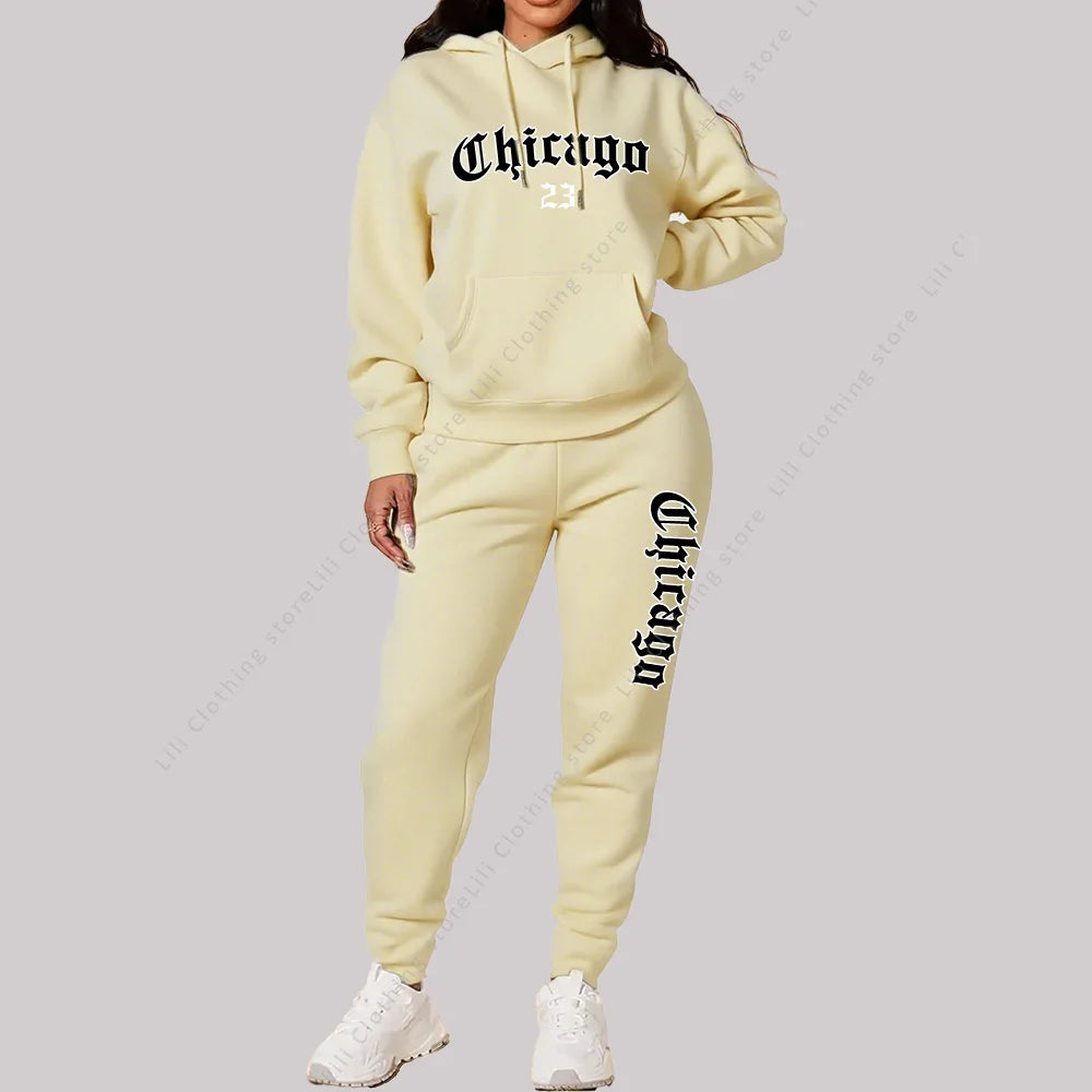 Women's Sets Hoodies Pants 2 Piece Outfits Aesthetic Sportswear Sweatsuit Chicago Graphic Letter Print Plus Size Pink Tracksuit