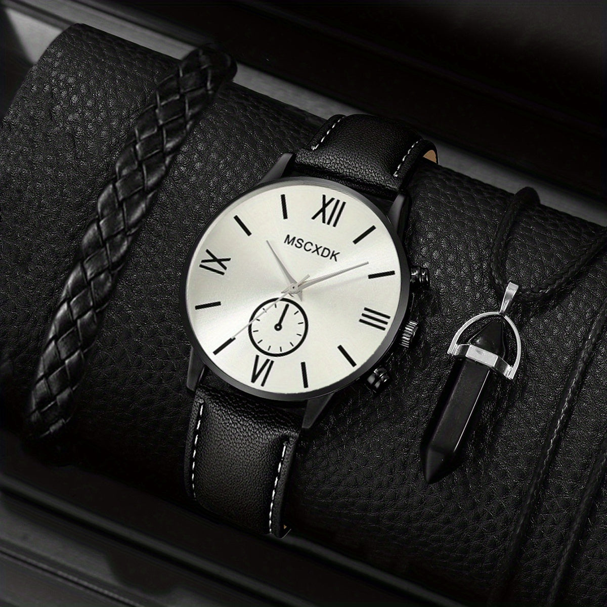 Elegant Men's Quartz Watch with Matching Bracelet and Necklace