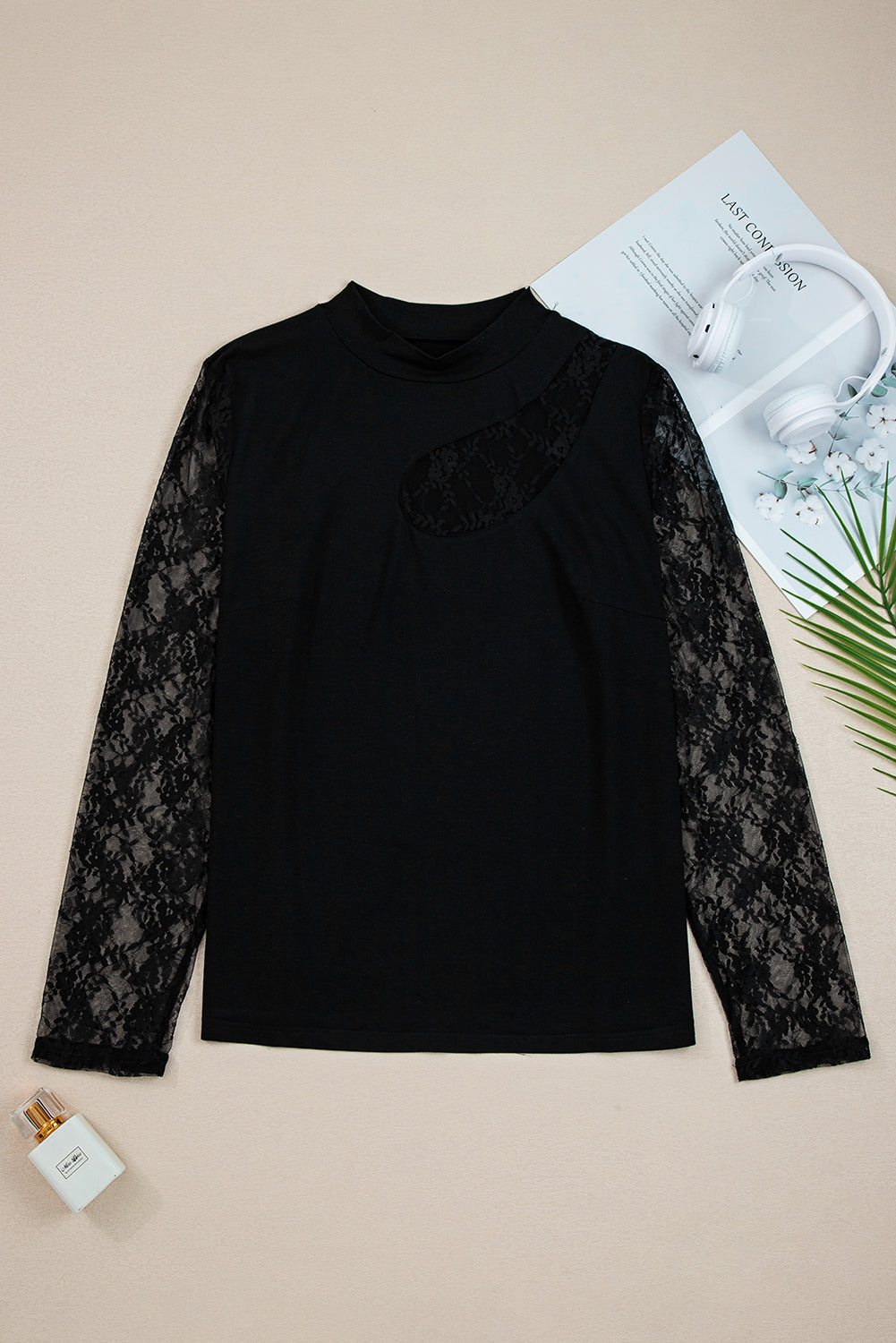 Black Plus Size Lace Patchwork Asymmetric Cutout Sheer Long Sleeve Top