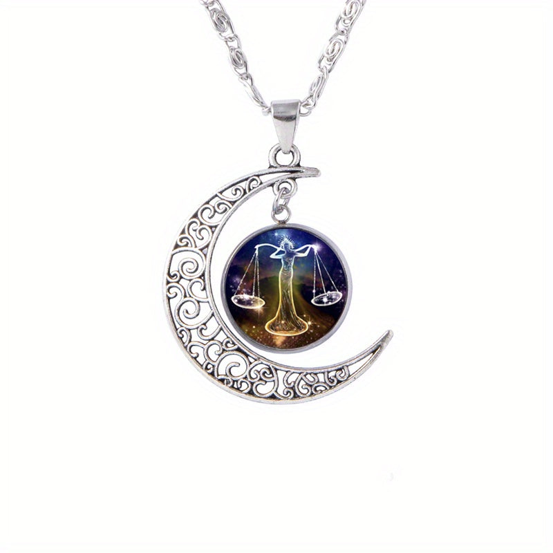 Twelve Zodiac Constellations Moon Phase Necklace - Timeless Gemstone Pendant with Adjustable Chain - Unique Personality Jewelry and Birthday Gift Idea for Women and Girls