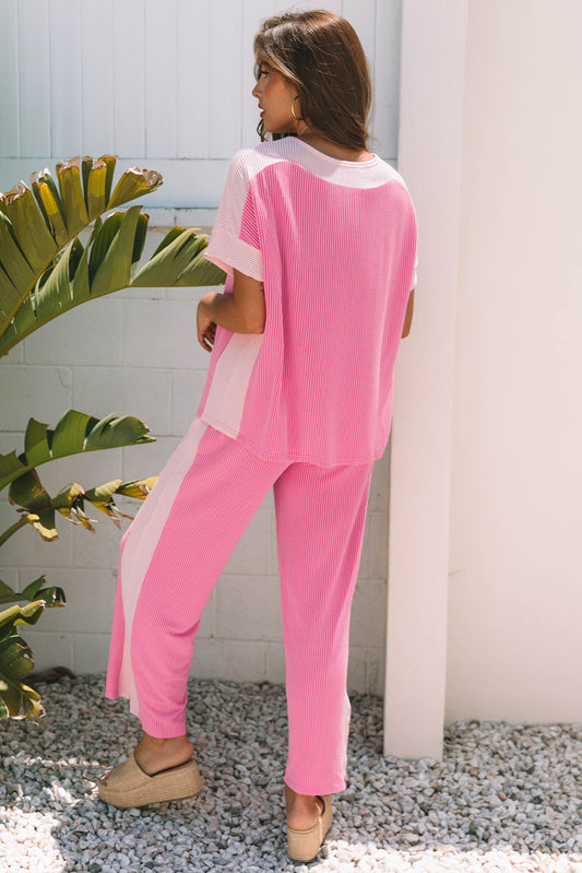 Sachet Pink 2-tone Colorblock Patchwork Corded 2pcs Outfit