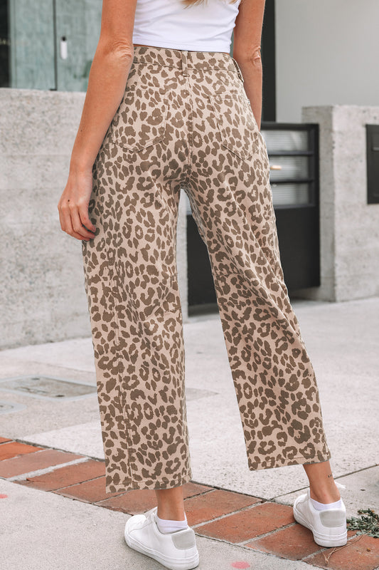 Khaki Leopard Print Straight Loose Jeans
