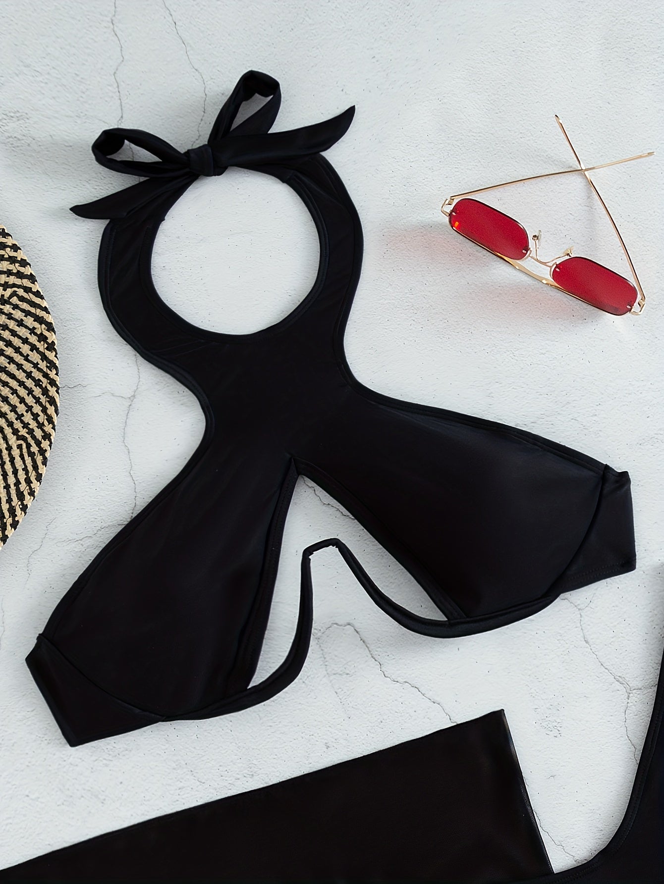 Solid Color 3 Piece Set Bikini, Halter Neck High Cut With Mesh Cover Up Skirt Swimsuits, Women's Swimwear & Clothing