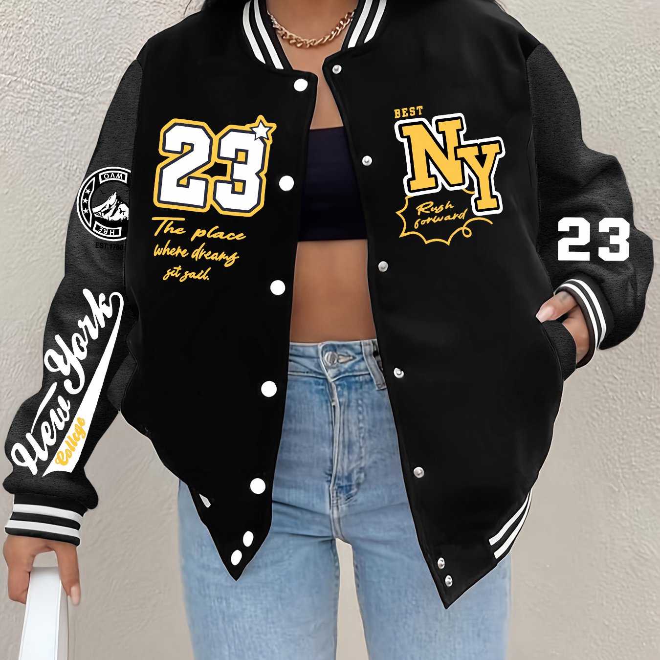 Chic NY-Inspired Women's Varsity Jacket - Elegant Black and White Baseball Uniform Style with Large "58.42cm & NYC Lettering, Striped Accents, Button Closure, Long Sleeves - Perfect for Spring & Autumn Casual Wear