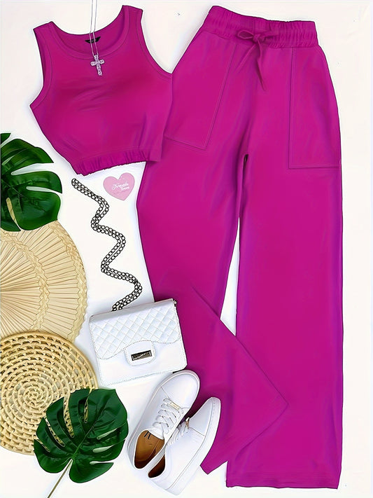 Trendy Two-Piece Crop Top Set - Soft Solid Color, Crew Neck, Drawstring Waist, Straight Leg Pants, Comfy Women's Casual Outfit for Daily Wear