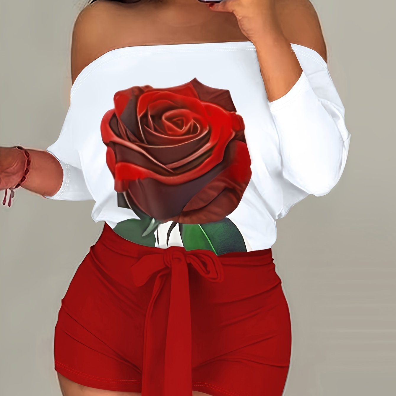 Women'S Off-Shoulder Rose Print Jumpsuit, Polyester Knit Fabric, 97% Polyester 3% Elastane, All-Season Short Romper with Tie Waist, Cartoon Pattern, 180g/m² - Adult Fashion