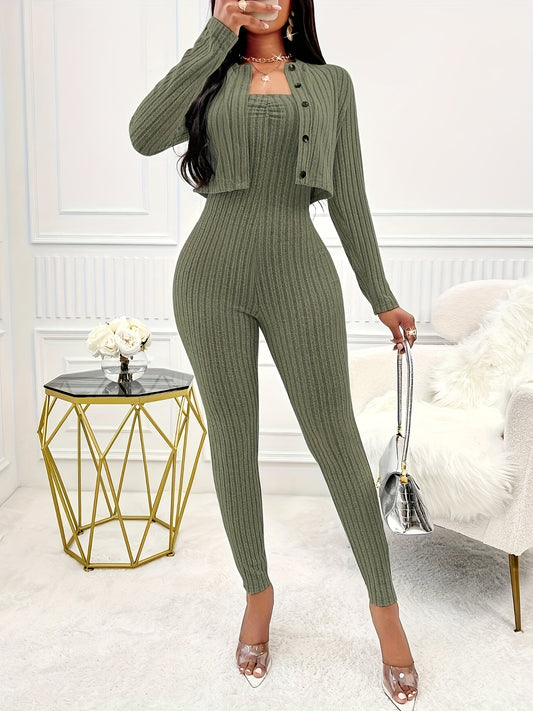 Two-Piece Ribbed Outfit Set - Long Sleeve Button Front Crop Cardigan & Skinny Strapless Jumpsuit - Soft, Stretchy, and Cozy Women's Clothing for Everyday Wear