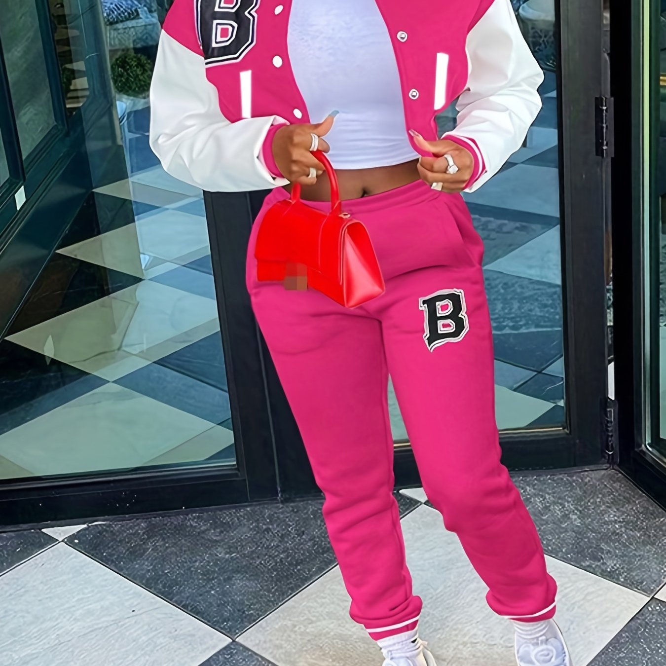 Trendy Letter Print Womens Two-Piece Set - Color Block Bomber Jacket with Slant Pockets & Chic Pants Outfit - Casual & Comfortable Clothing