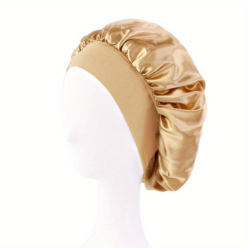 Solid Color Wide Elastic Band Satin Sleep Bonnet Soft Night Sleeping Cap For Women