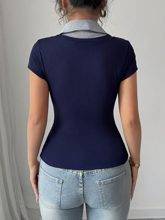 Women'S Navy V-Neck Short Sleeve Blouse with Contrast Collar - Stylish Two-Tone Design, Perfect for Casual Attire, Casual Attire Blouse | Contrast Collar Shirt | Ribbed Texture