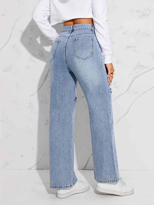 Blue Loose Fit Straight Jeans, Ripped Holes Non-Stretch Distressed Wide Legs Jeans, Women's Denim Jeans & Clothing