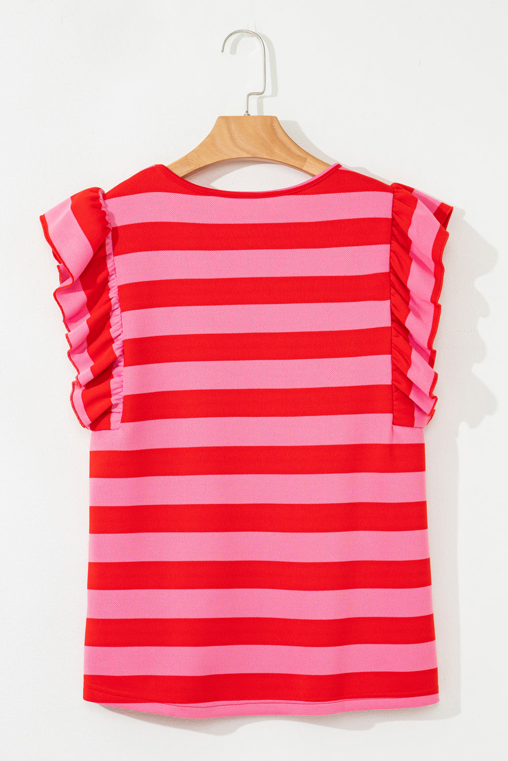 Red Stripe Flutter Sleeve Round Neck T Shirt