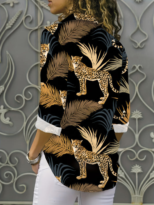 Women's Elegant Leopard and Palm Tree Print Long Sleeve Shirt - Chic Tropical Abstract Style, Versatile Casual Vacation Wear, Polyester, Button-Up, Allseason Fashion | Leopard Print Blouse | Durable Polyester