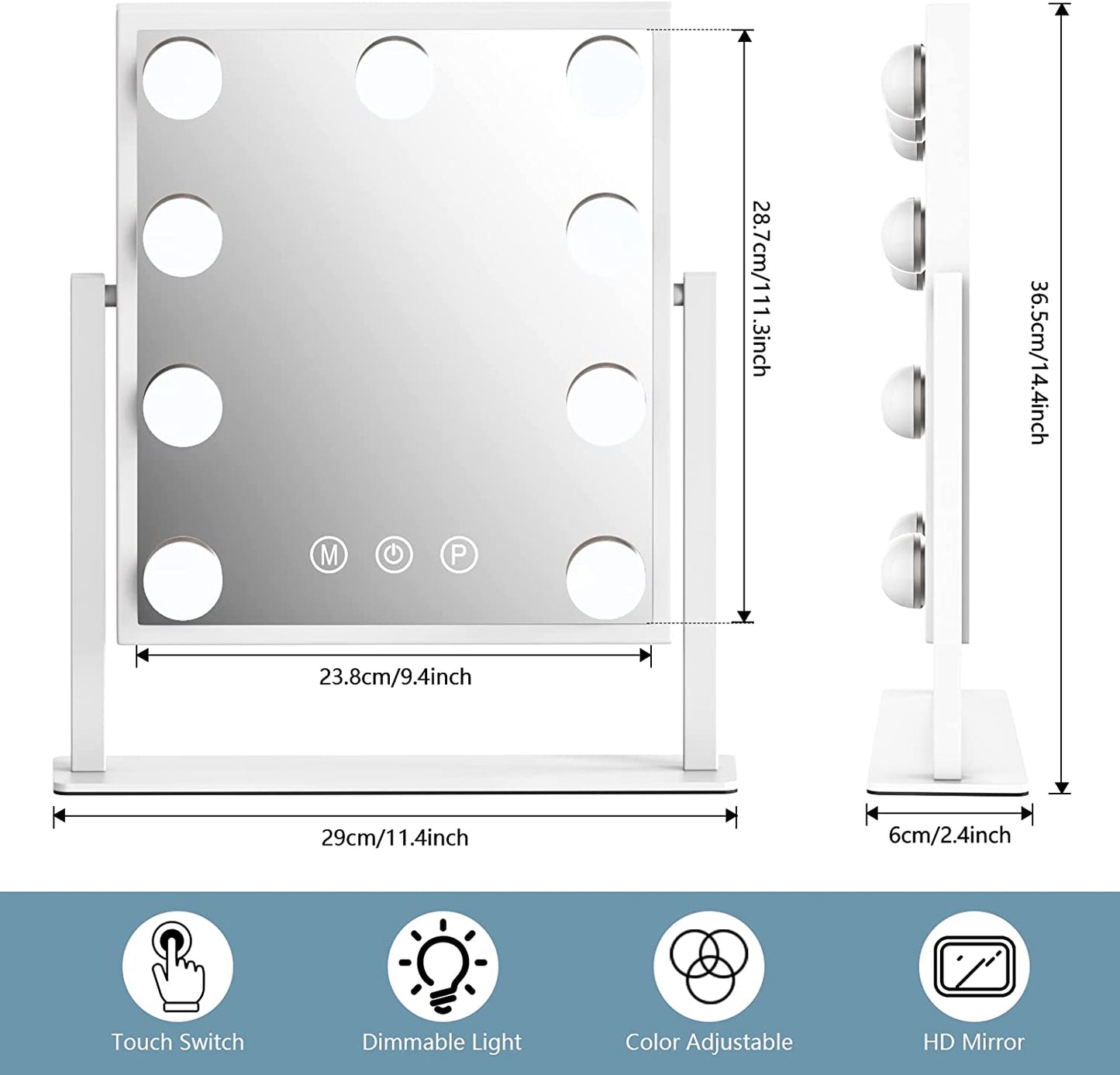 Makeup Mirror with Lights, Hollywood Makeup Mirror with 3 Color Modes and 9 Adjustable LED Bulbs, Zoom in 360° Rotation Touch Control