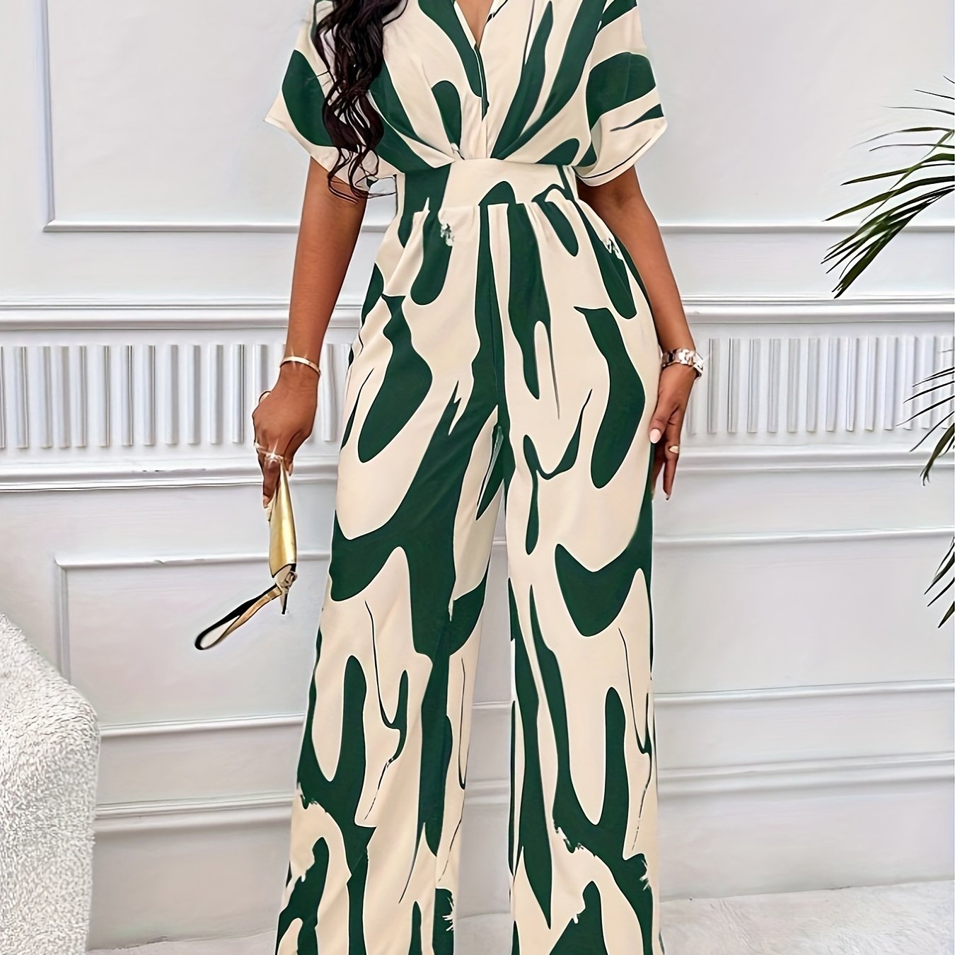 Chic V-Neck Jumpsuit - Allover Print, Short Sleeve, Wide-Leg Design for Sophisticated Casual Wear