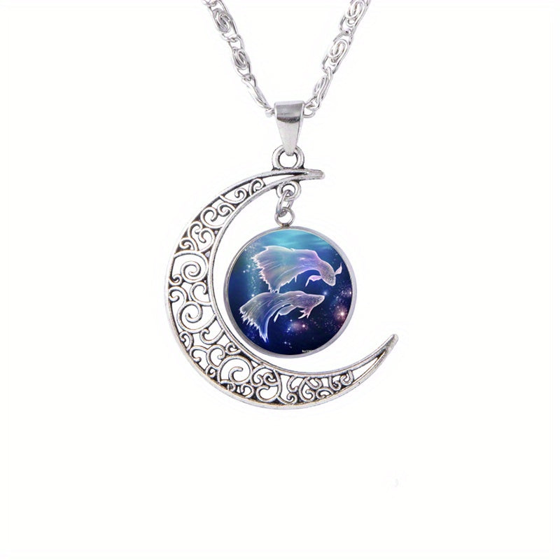 Twelve Zodiac Constellations Moon Phase Necklace - Timeless Gemstone Pendant with Adjustable Chain - Unique Personality Jewelry and Birthday Gift Idea for Women and Girls
