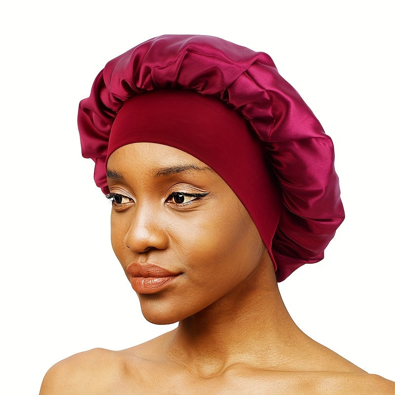 Solid Color Wide Elastic Band Satin Sleep Bonnet Soft Night Sleeping Cap For Women