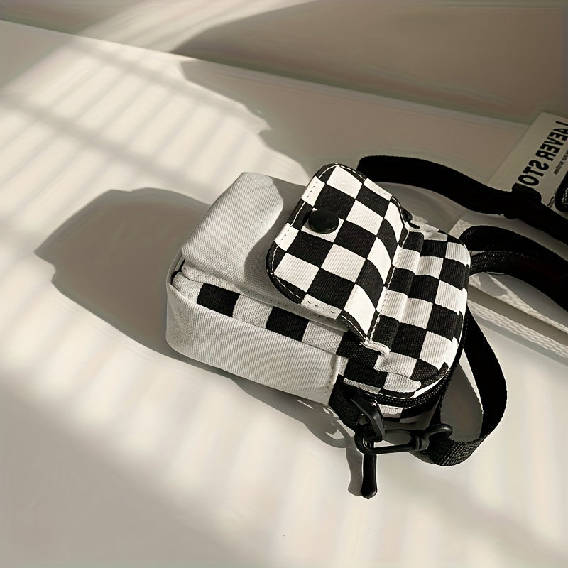 Checkered Canvas Crossbody Bag, Pocket Front Square Purse, Mini Shoulder Bag For Phone Key