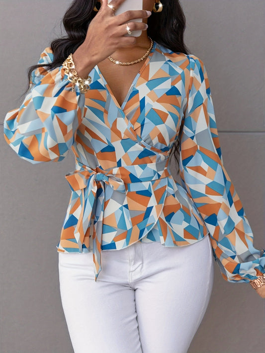 Geo Printed Belted Blouse, Elegant Long Sleeve V Neck Blouse For Spring, Women's Clothing
