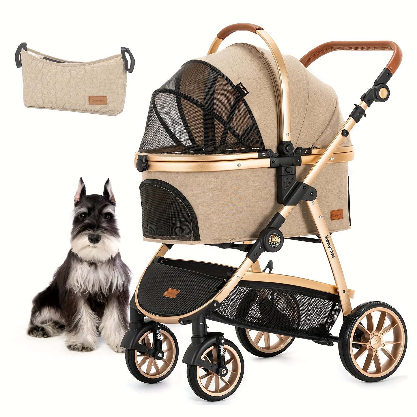 3-in-1 Kenyone Luxury Pet Stroller - Medium Small Size Dogs and Cats Carrier - Detachable Puppy Kitty Doggie Travel System with Large Space and Comfortable Ride