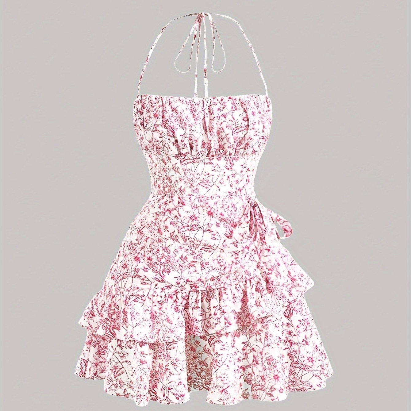 Floral Print Layered Ruffle Hem Halter Dress, Elegant Sleeveless Dress For Spring & Summer, Women's Clothing