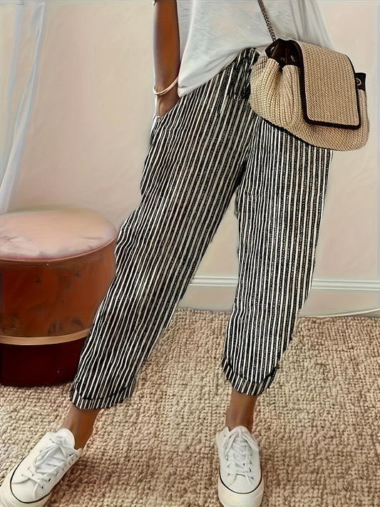 Striped Slant Pocket Drawstring Pants, Casual Pants For Spring & Summer, Women's Clothing