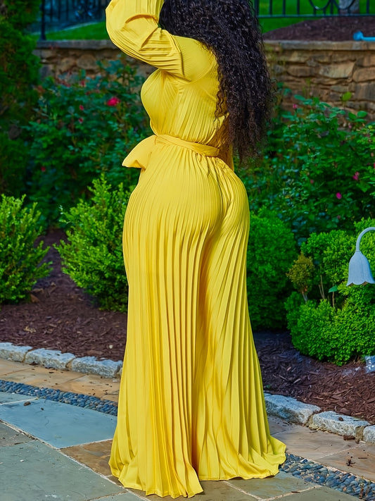 Women'S Stylish Yellow Pleated Jumpsuit with V-Neck and Tie Waist - Perfect for Spring/Summer/Fall, Polyester Fabric, Zipper Closure, Adult Casual Wear, Casual Wear Jumpsuit | Pleated Design Jumpsuit | Vibrant Jumpsuit, Jumps