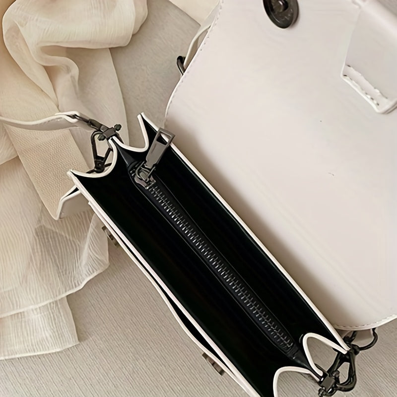 Two Tone Crossbody Bag, Mini Square Flap Purse, Women's Faux Leather Shoulder Bag (7.5*5.9*2.95) Inch
