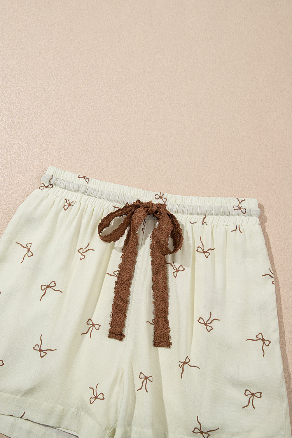 White Bow Print Lace Drawstring Elastic Waistband Casual Shorts