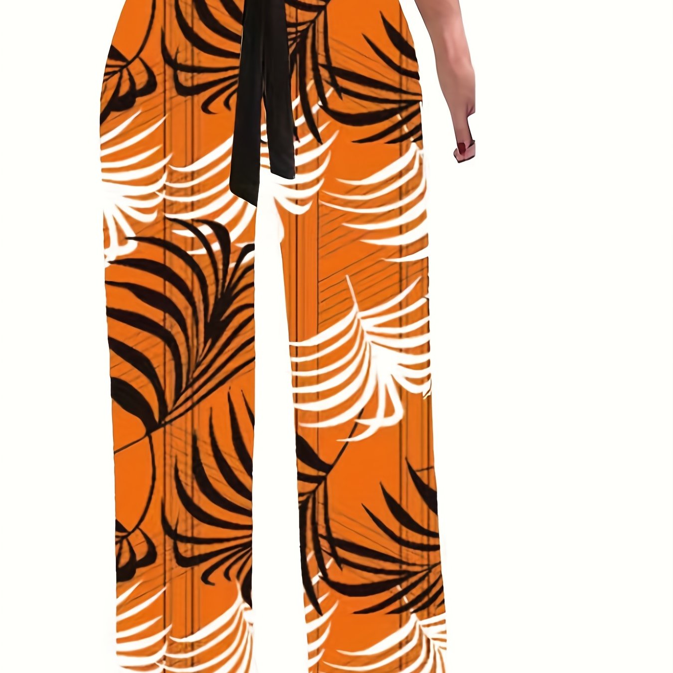 Plant Print Tie Waist Pants, Casual Wide Leg Long Length Pants, Women's Clothing