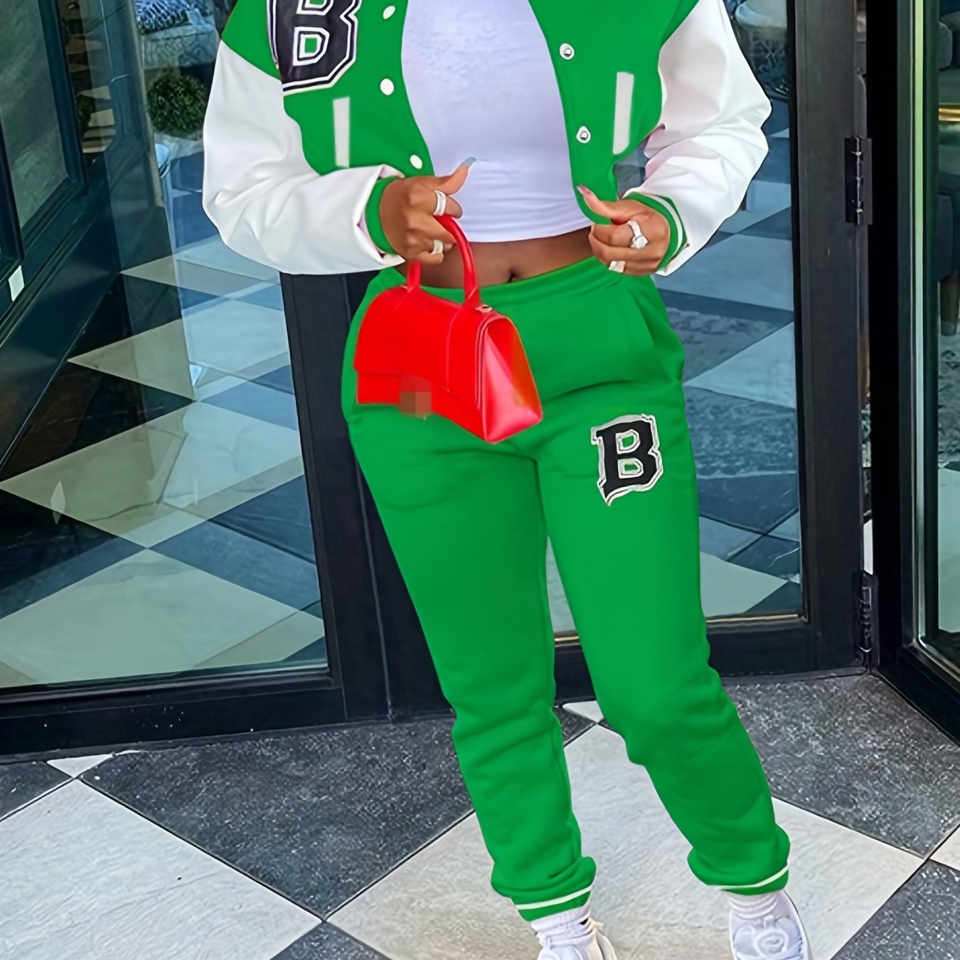 Trendy Letter Print Womens Two-Piece Set - Color Block Bomber Jacket with Slant Pockets & Chic Pants Outfit - Casual & Comfortable Clothing