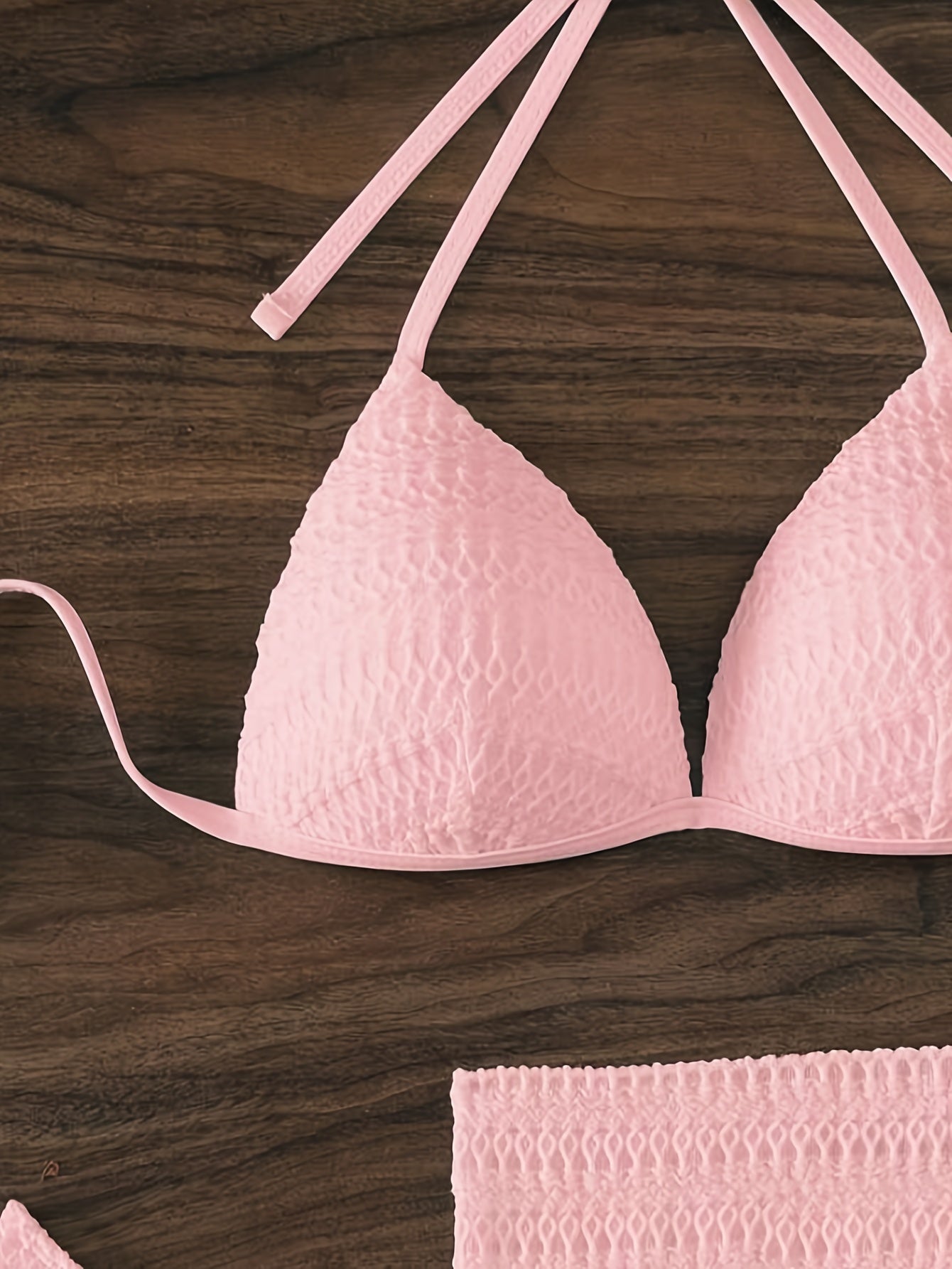 3 Piece Set Swimsuits - Pinkish Textured Halter Bikini with Spaghetti Strap Tie Back, Matching Cover Up Skirt, Perfect for Valentine's Day, Women's Swimwear and Clothing, Triangle Top, Flattering and Comfortable