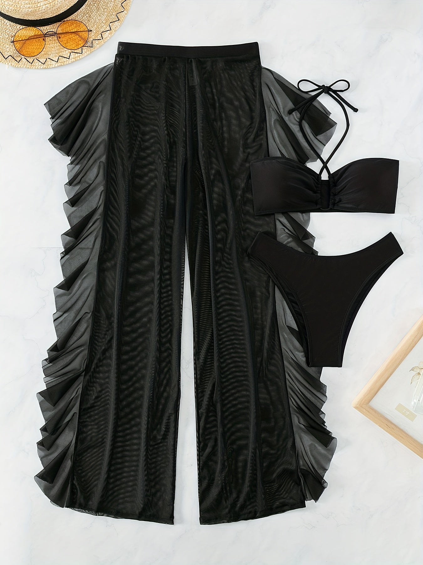 3-Piece Solid Color Halter Bikini Set - Flattering Low-Rise Bottom with Chic Ruffle Trim, Stylish Halter Neck Top & Sheer Beach Cover Up Pants - Elegant, Modern Womens Swimwear for Valentines Day