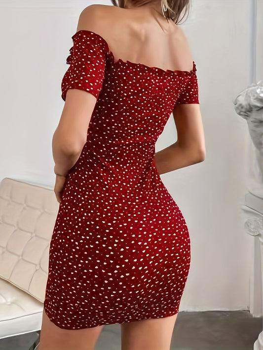 Stunning Heart Print Off Shoulder Dress - Women's Clothing with Elegant Short Sleeve, Lettuce Trim, Coquette Y2K Style for Party Dressing, Cute and Chic Fashion for Ladies