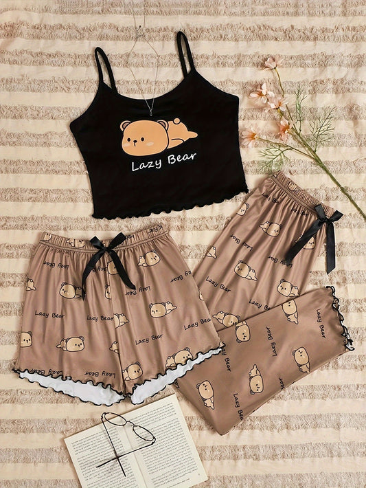 Adorable Bear & Letter Print Pajama Set - Soft, Relaxed Fit, Round Neck, Backless Crop Cami Top, Shorts & Pants, Comfortable Sleepwear for Women - Cute, Cozy, and Stylish Nightwear