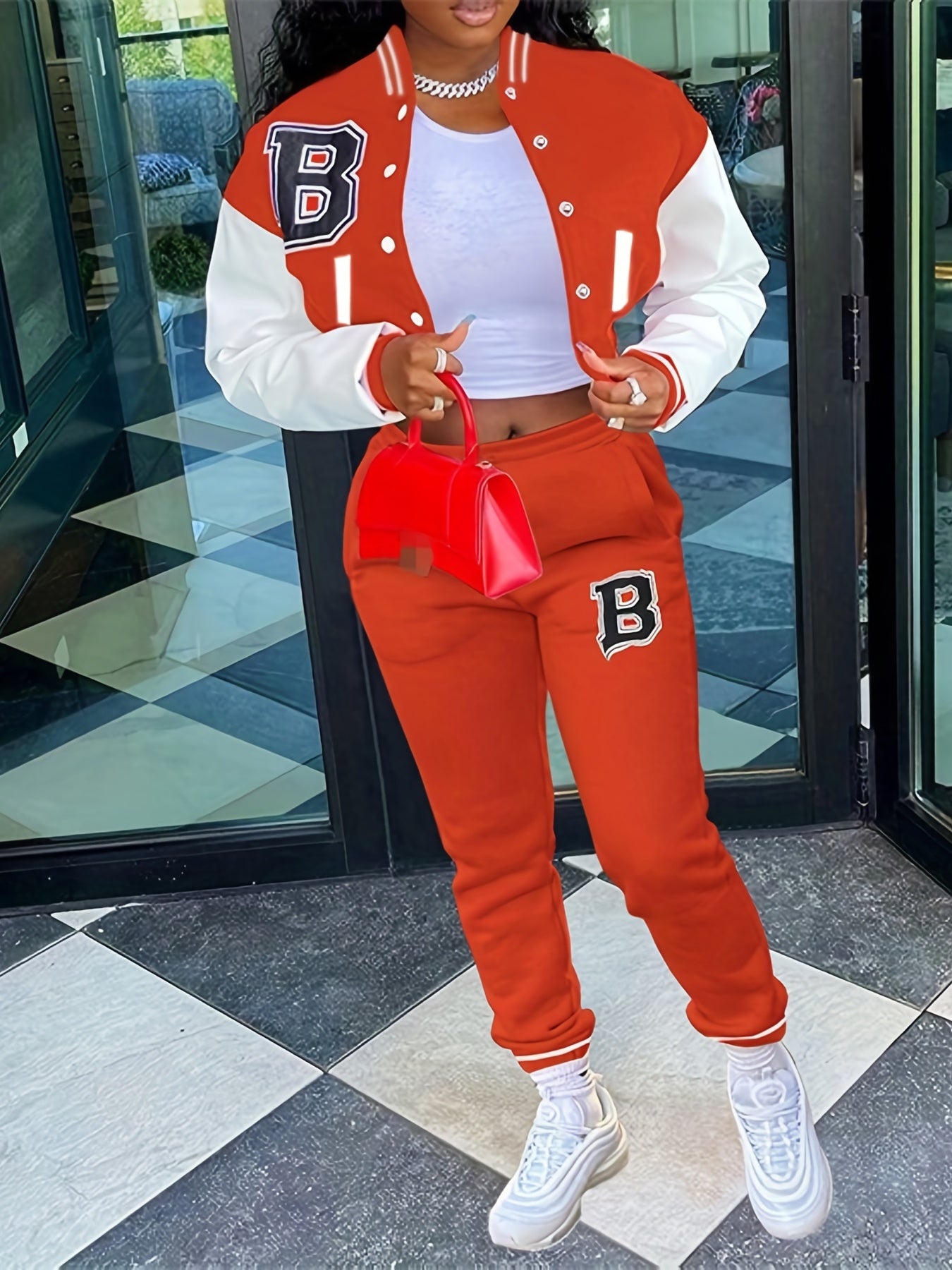 Trendy Letter Print Womens Two-Piece Set - Color Block Bomber Jacket with Slant Pockets & Chic Pants Outfit - Casual & Comfortable Clothing
