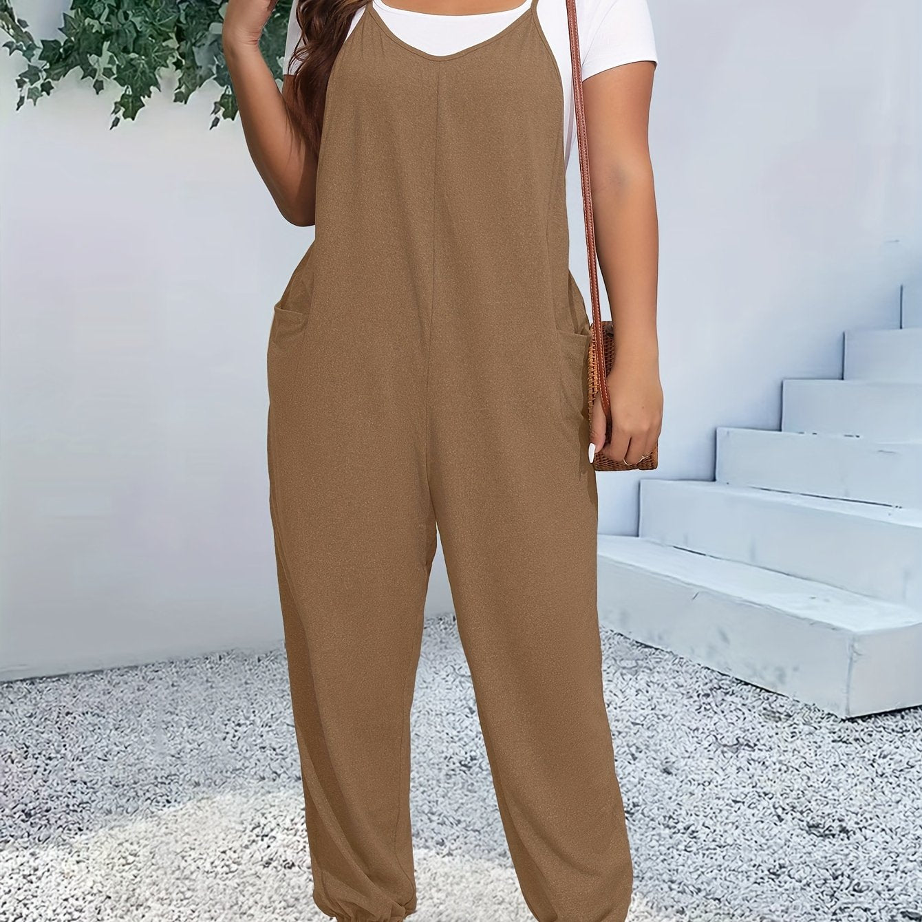 Plus Size Chic Cami Jumpsuit - Comfort-Fit with Tapered Leg, V-Neck Design, and Convenient Pockets - Versatile for Casual and Everyday Wear