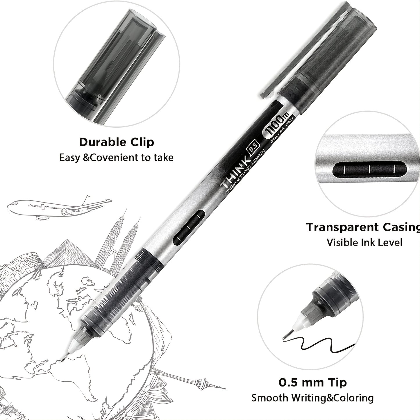 Deli 8 Pieces Rolling Ball Pens, Quick-Drying Ink 0.5 mm Extra Fine Point Pens Liquid Ink Pen Rollerball Pens Multicolor