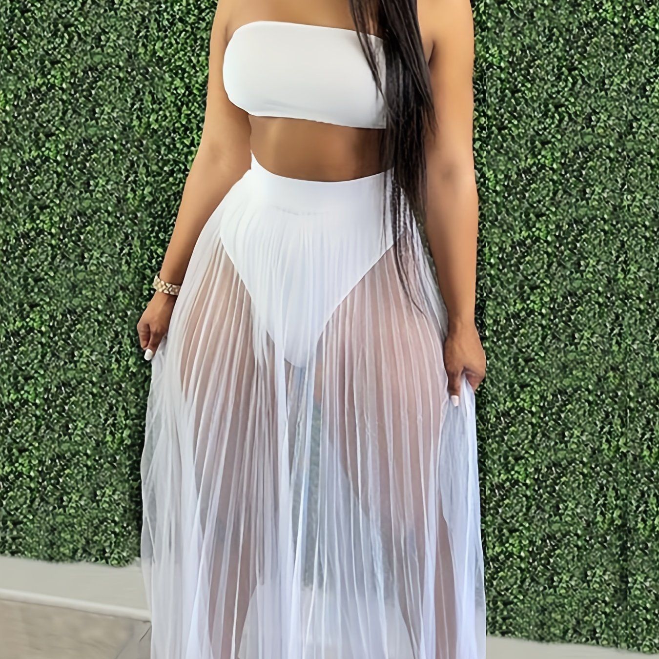 Chic Womens 3-Piece Swimsuit Set - Flattering Bandeau Bikini with Fishnet Cover-Up Maxi Dress & Party Skirt - Beach to Club Fashion Must-Have