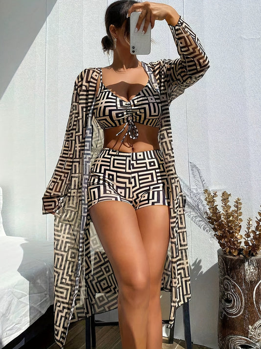 Women's Geometric Print Three-Piece Swimsuit Set with Long Sleeve Beach Cover-Up, Polyester Knit Fabric with Elastane, Medium Stretch, Chic Bikini Set for Swimming and Beachwear