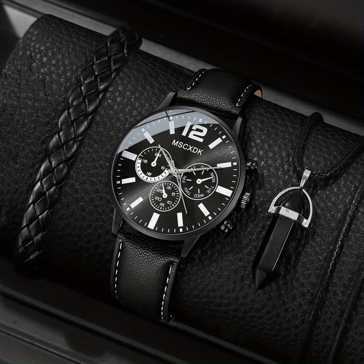 Elegant Men's Quartz Watch with Matching Bracelet and Necklace
