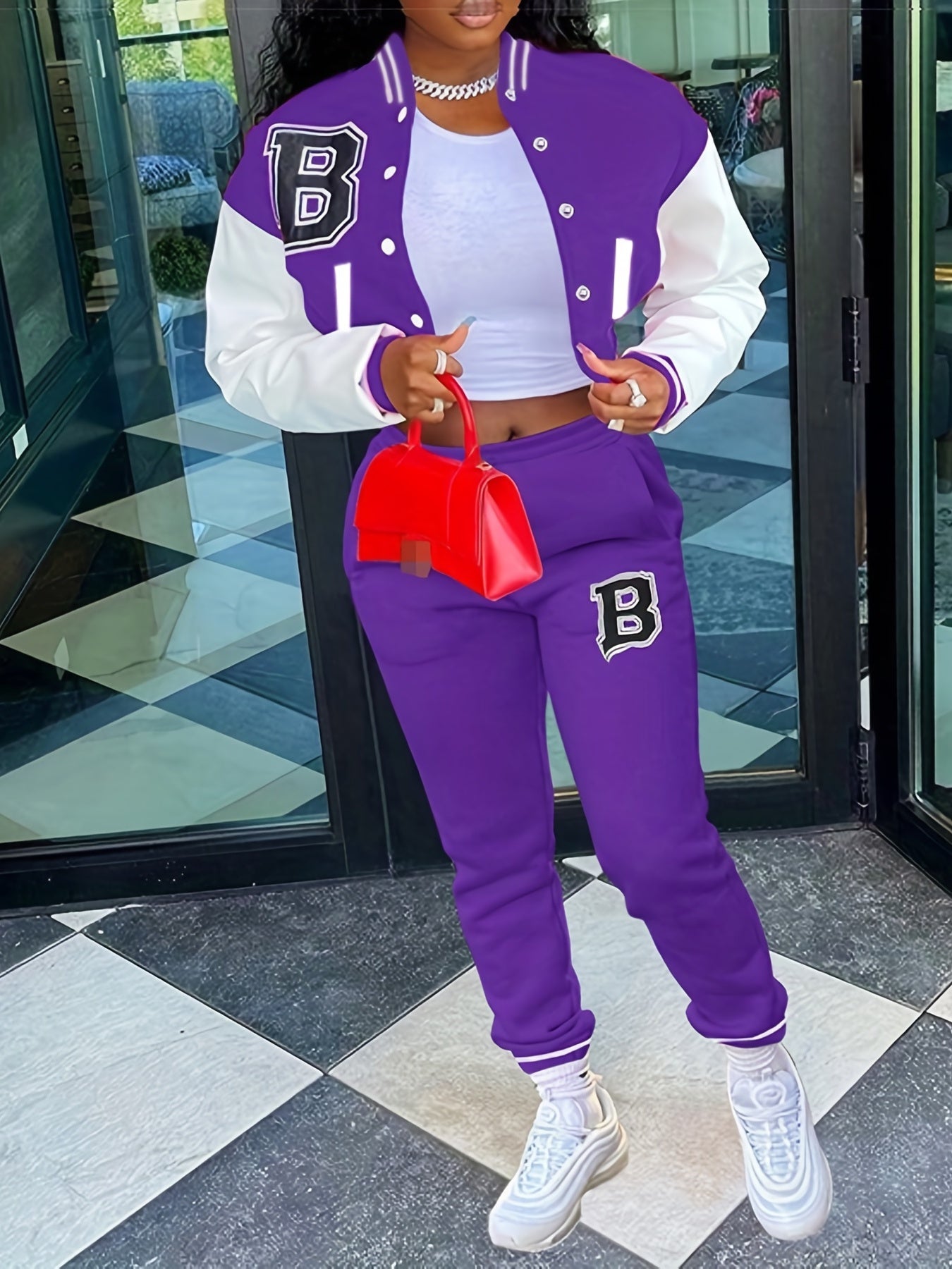 Trendy Letter Print Womens Two-Piece Set - Color Block Bomber Jacket with Slant Pockets & Chic Pants Outfit - Casual & Comfortable Clothing
