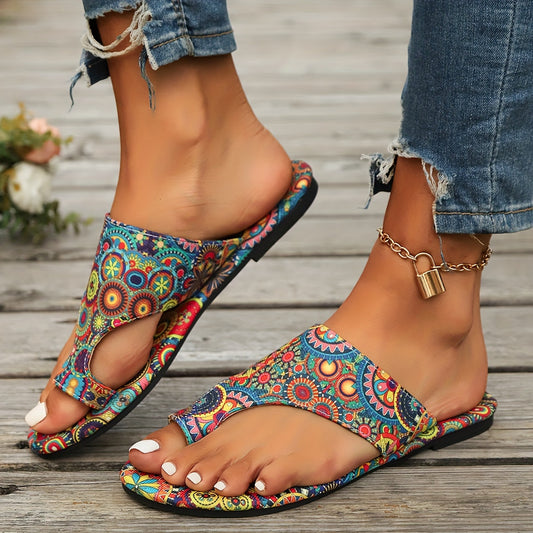 Vibrant Boho Chic Flat Sandals - Colorful Patterned, Summer Fashion, Slip-On, Casual, Open Toe, Beach Footwear with Soft Insole and Adjustable Ankle Strap for Women