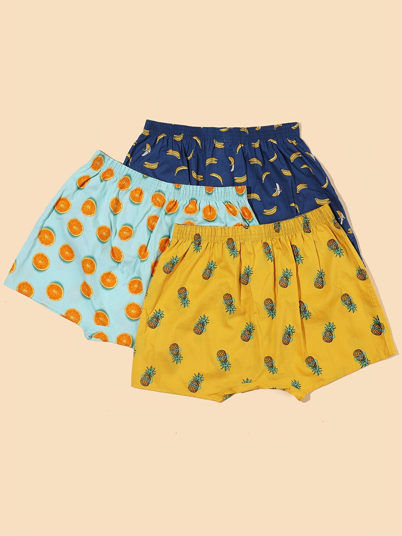 3 Pieces of Men's Comfortable Cotton Fruit Pattern Full Print Boxer Shorts with Breathable Fabric and Relaxed Fit for Everyday Wear