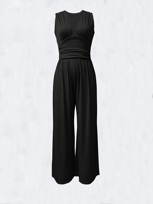 Women's Sleeveless Deep V-Neck Ruched Wide-Leg Jumpsuit - Olive Green Textured Stretch Fabric, Machine Washable Elegant Spring/Summer Casual & Formal Outfit, Ladies Rompers And Jumpsuits, Versatile Clothing, Flowing Silhouett