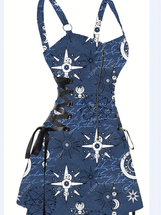 Sun & Moon Print Dress, Casual Ring Linked Backless Dress, Women's Clothing For Party Dressing