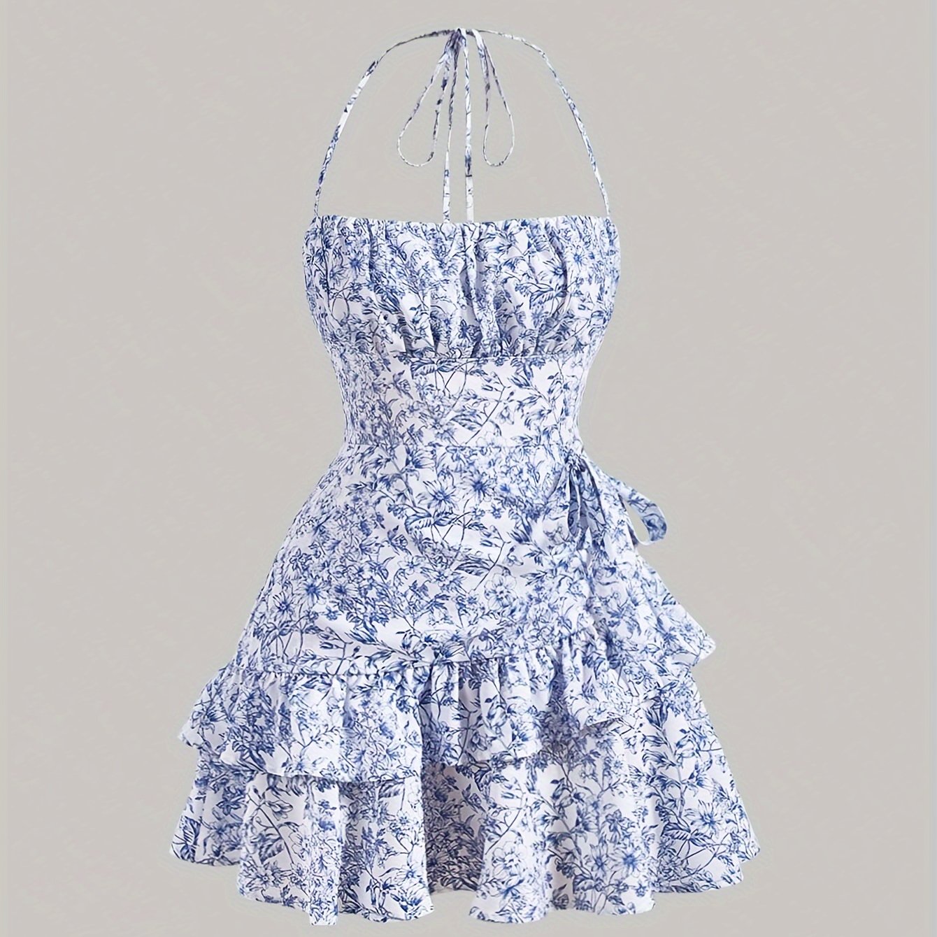 Floral Print Layered Ruffle Hem Halter Dress, Elegant Sleeveless Dress For Spring & Summer, Women's Clothing
