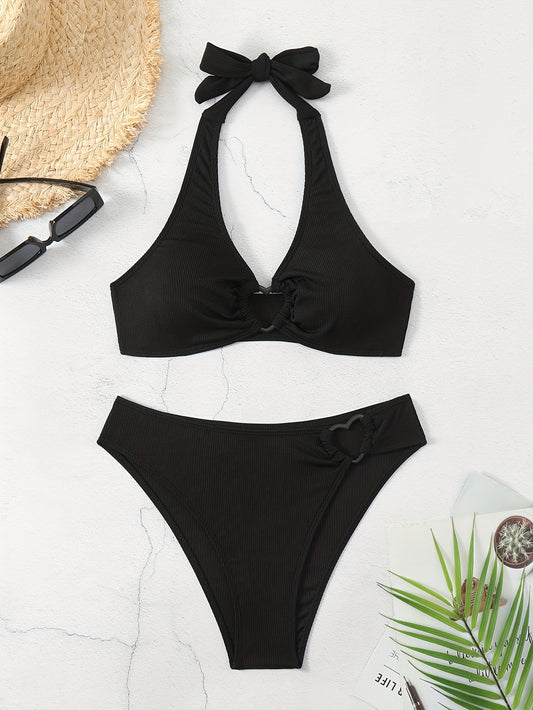 Women's Ribbed Textured Bikini Set With Bow Tie Halter Top And High Cut Bottoms, Heart-Linked Two Pieces, Beachwear, Swimwear