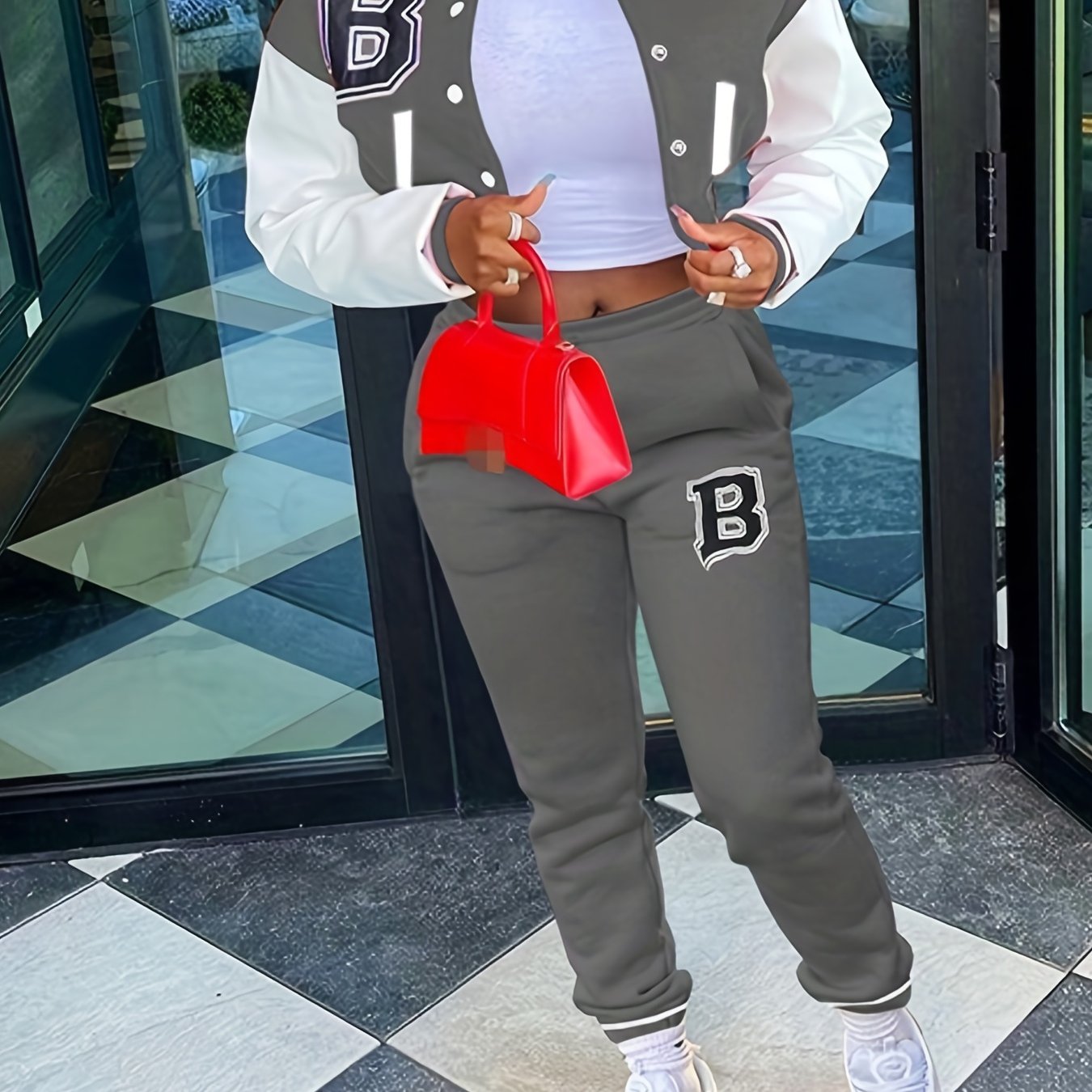 Trendy Letter Print Womens Two-Piece Set - Color Block Bomber Jacket with Slant Pockets & Chic Pants Outfit - Casual & Comfortable Clothing