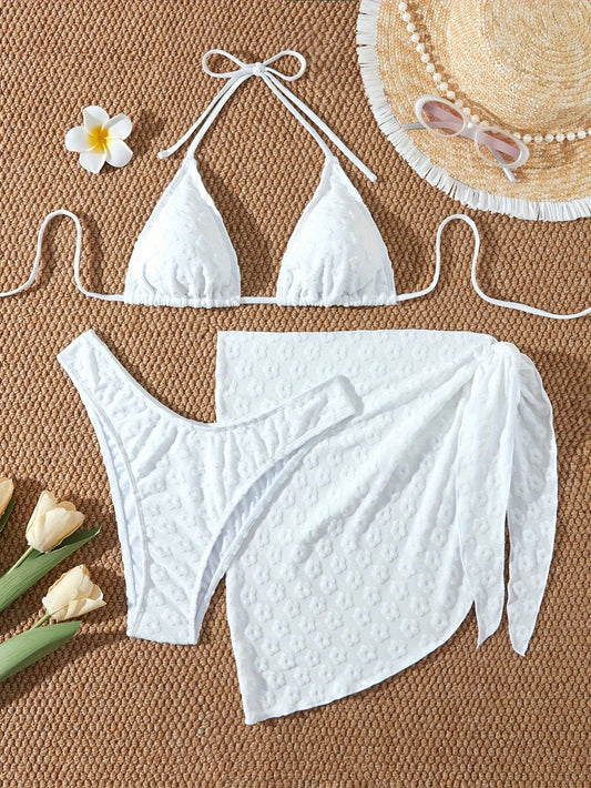 Women's Warm Color Floral Three-Piece Bikini Swimsuit